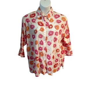 Maggie & Max Floral Button Up Shirt 2X White Pink Orange Cotton Dobby 3/4 Sleeve